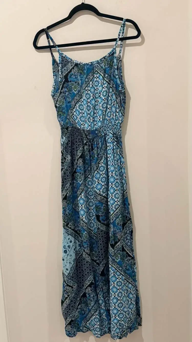 Faded Glory Blue Boho Maxi Dress - S (Fits S–L / Up to Size 10)